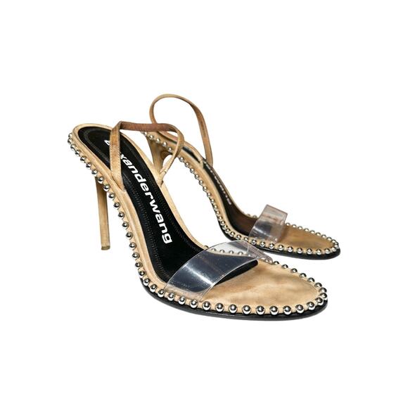 Alexander Wang Nova Brown Studded Suede Slingback PVC Sandals Heels Size 41 - Picture 1 of 9